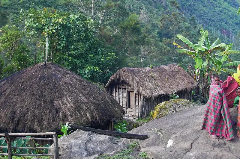 Residents among honai huts in a Baliem Valley village