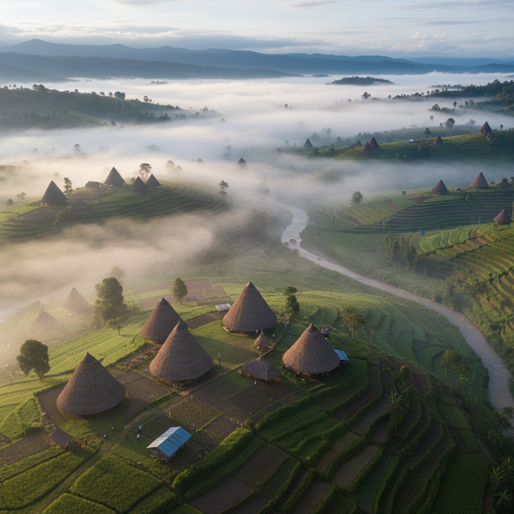 Baliem Valley aerial drone view of highland village with traditional honai houses
